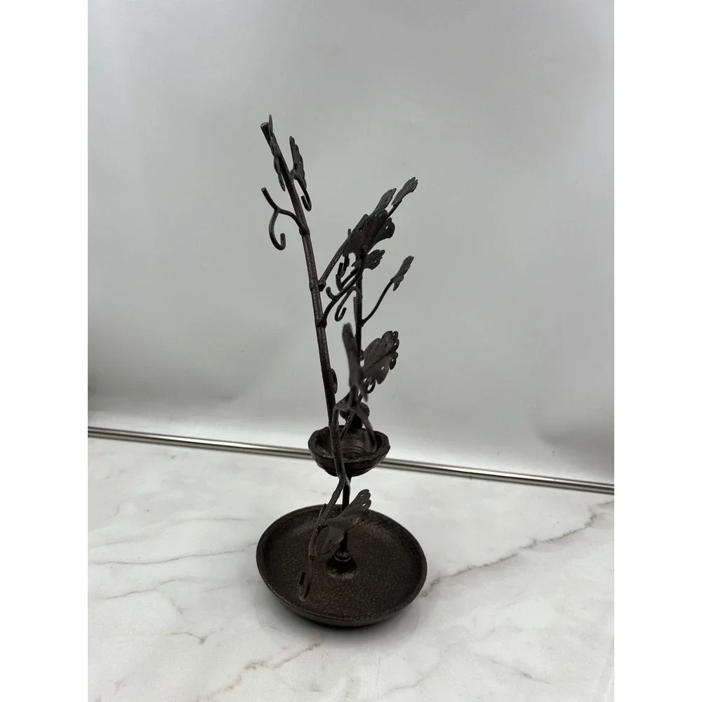 Cast Iron Jewelry Tree Stand Ginkgo Leaf Bird Nest Organizer Bronze Tone 12.5in